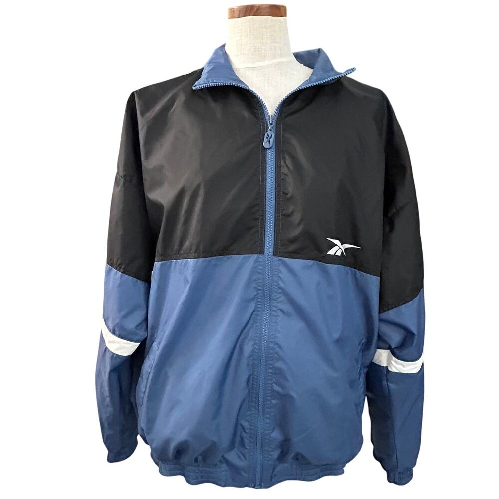 Vintage 90s Reebok Colorblock Windbreaker Jacket M Blue Black Nylon Y2K Retro